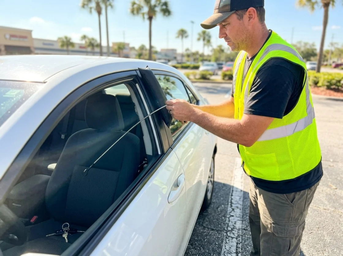 Roadside technician using a lockout tool to open a locked sedan, keys on the seat