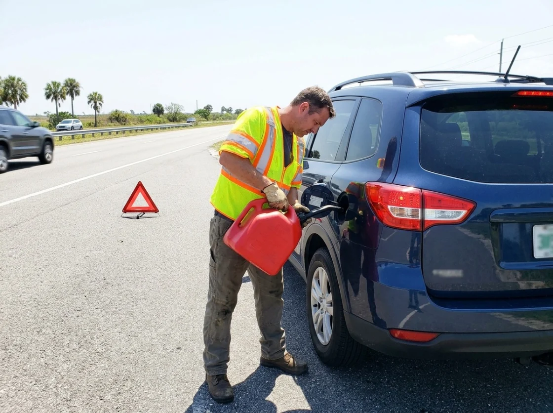 Roadside technician pouring fuel from a gas can into an SUV on a Florida highway shoulder