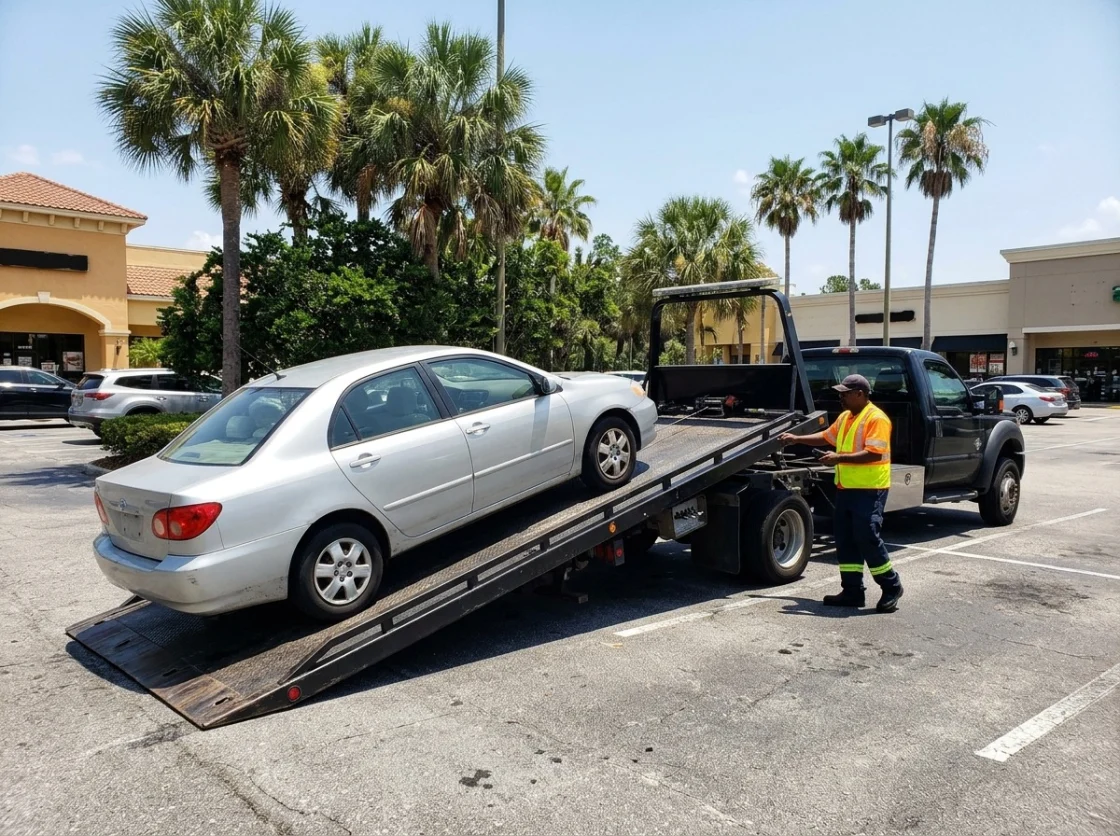 Silver sedan being loaded onto a flatbed tow truck in an Orlando shopping center parking lot