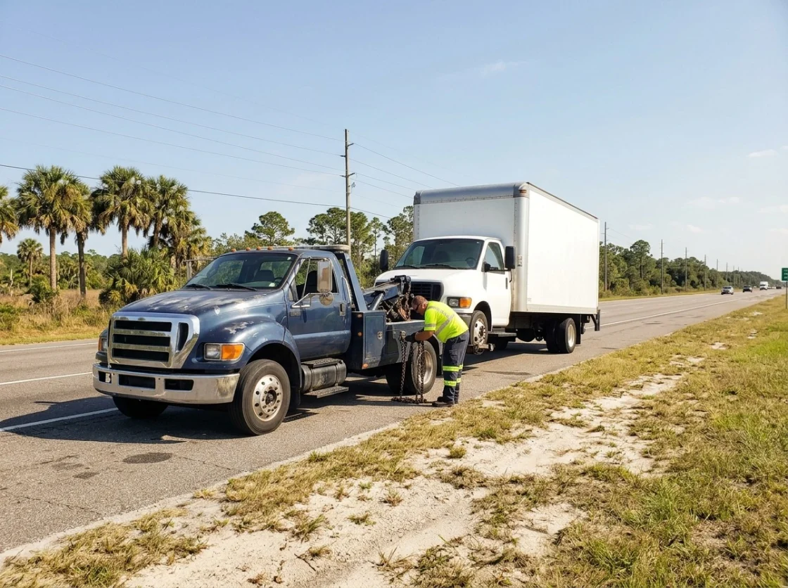 Tow truck operator hooking up a white box truck on a Central Florida road