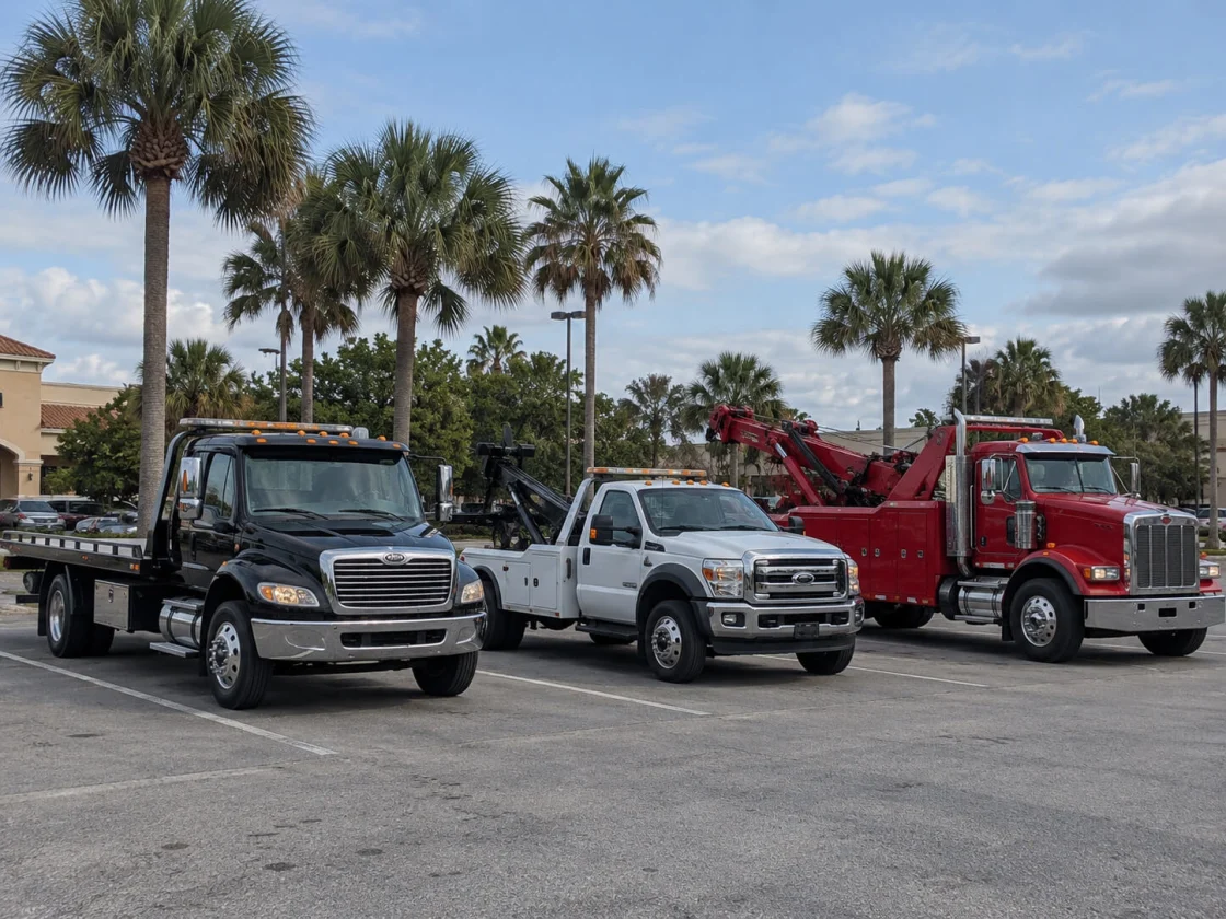 Black flatbed, white wheel lift and red heavy duty tow trucks parked under palm trees in Orlando, FL