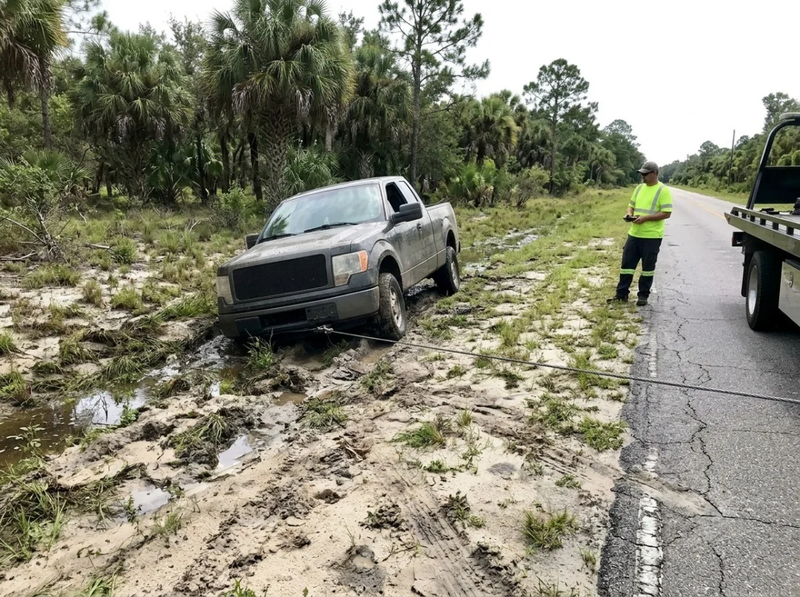 Pickup truck stuck in a muddy, sandy ditch being winched out beside a rural Central Florida road